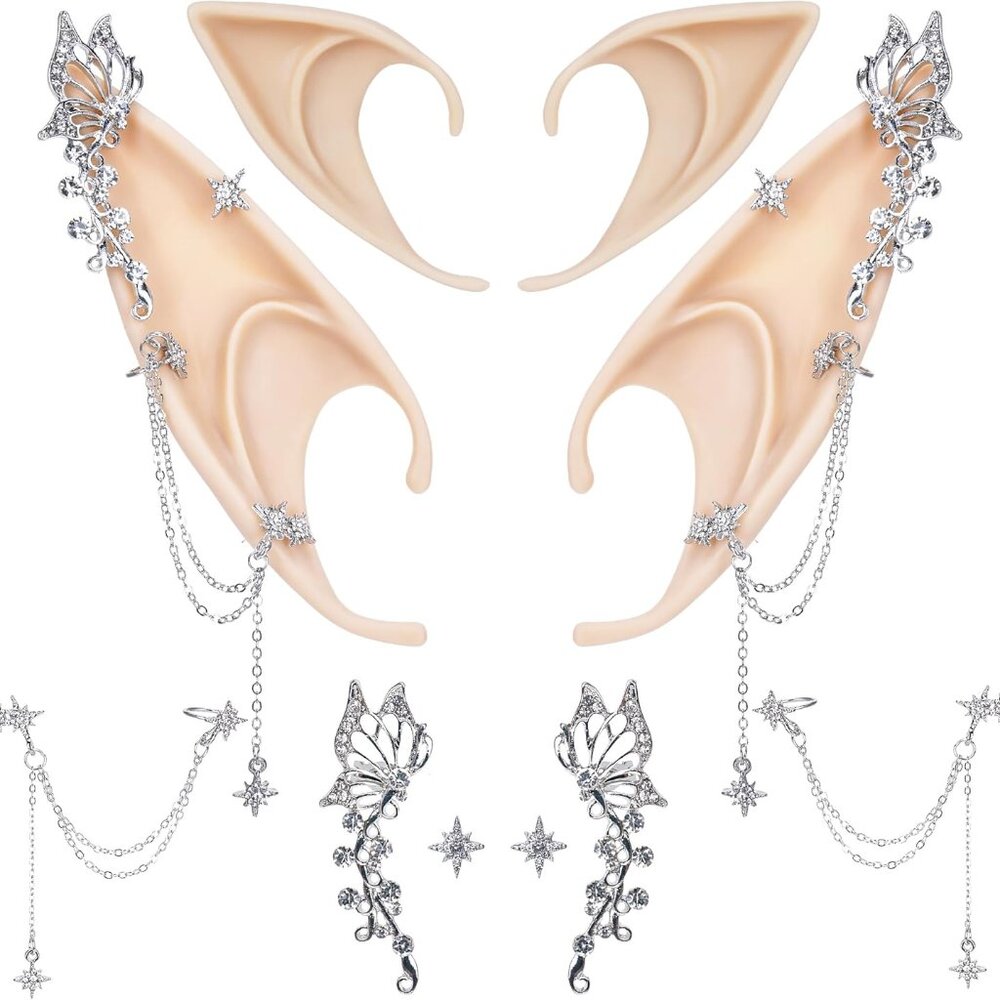 Elf Ears with Piercings - Handmade Fairy Ears with Gold Butterfly Earrings Cuffs